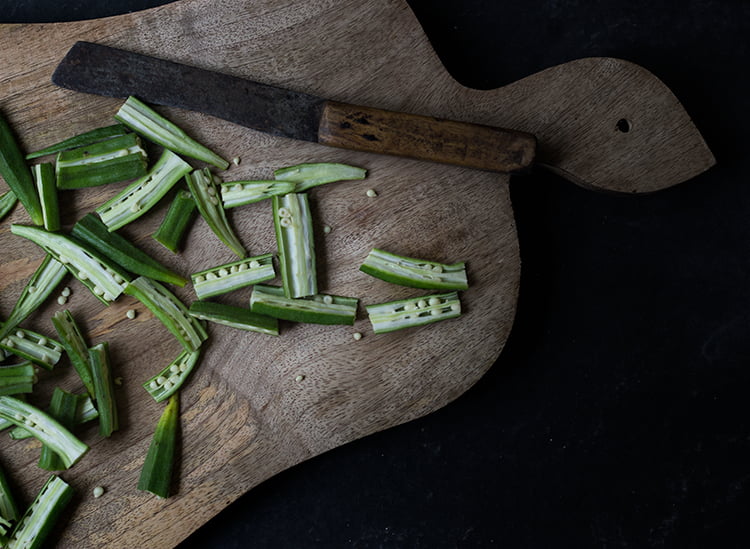 Sliced bhindi ready to make besan wali bhindi ki sabzi