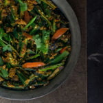 Close-up of freshly cooked Besan Wali Bhindi with a golden, crispy texture