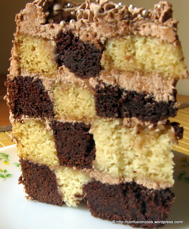Eggless Checkerboard Cake with Chocolate Buttercream Frosting