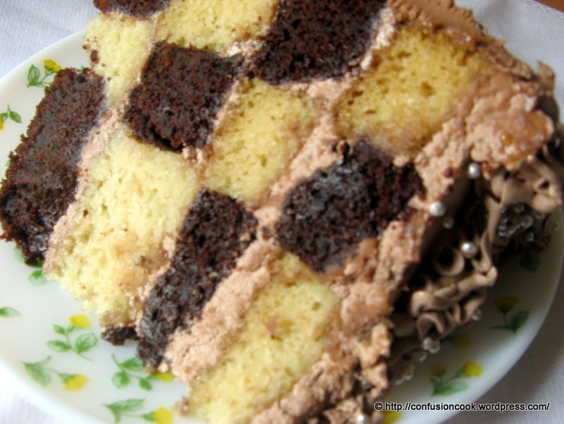 Eggless Checkerboard Cake with Chocolate Buttercream Frosting