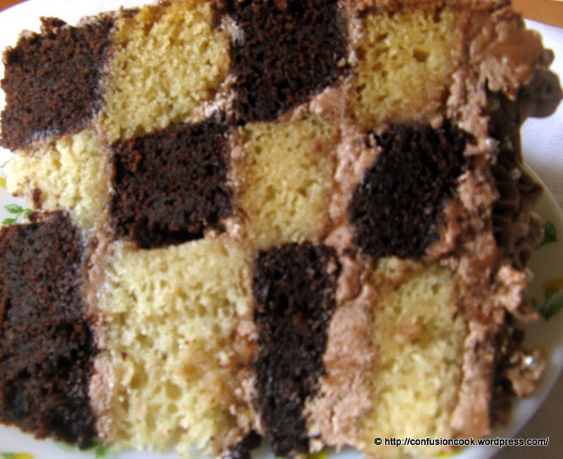 Eggless Checkerboard Cake with Chocolate Buttercream Frosting