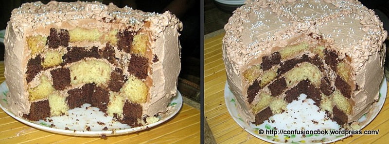 Eggless Checkerboard Cake with Chocolate Buttercream Frosting