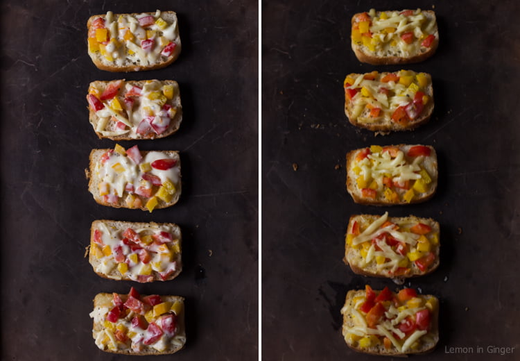 Sliced bread topped with melted cheese, garlic, and chili flakes on a serving plate