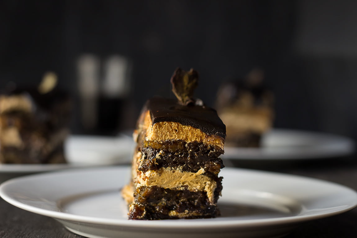 Eggless French Opera Cake, revealing the layered interior