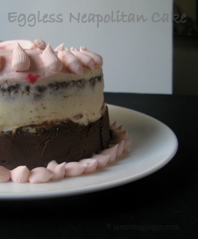 Close-up of the vibrant pink, white, and brown layers of the Eggless Neapolitan Cake