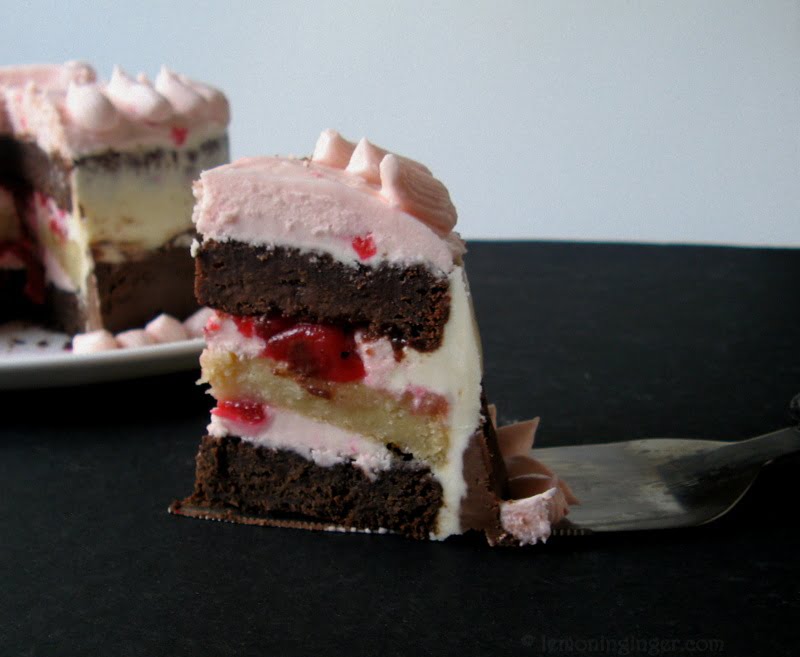 Serving a slice of Eggless Neapolitan Cake on a white dessert plate
