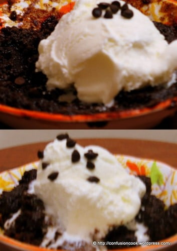 Close-up view of 3-Minute Microwave Brownie topped with chocolate chips
