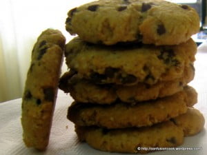 Homemade oatmeal cookies with melted chocolate chips inside