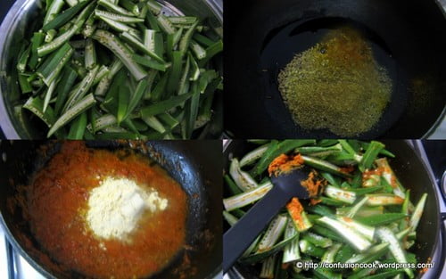 Step-by-step image of preparing Besan Wali Bhindi, with ingredients in bowls