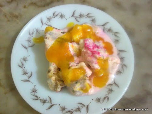 A smooth, velvety and yummy mango pudding in a bowl