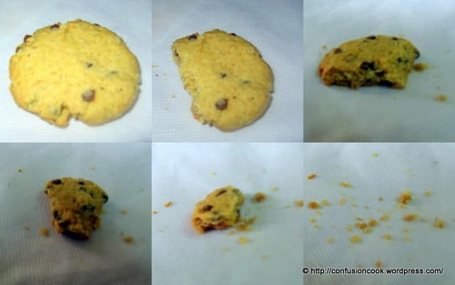 Bite taken out of a soft oatmeal chocolate chip cookie