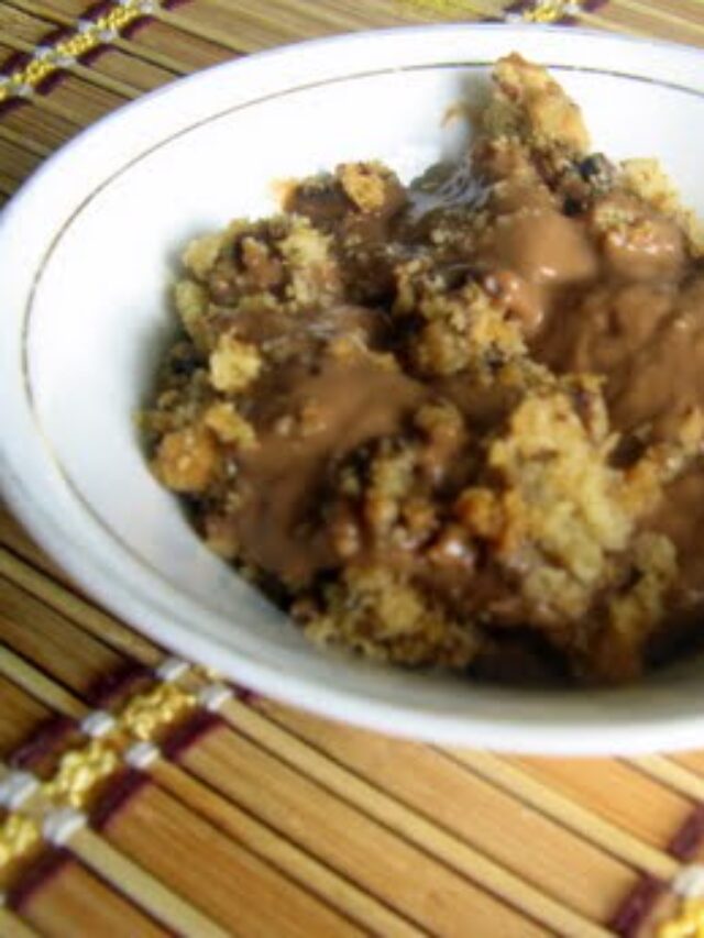 Close-up of creamy eggless mocha custard topped with cookie crumbles