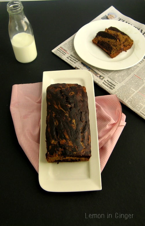Eggless banana marble cake with soft crumb and chocolate layers
