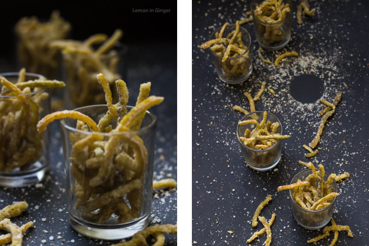A stack of golden, translucent candied orange and lemon strips
