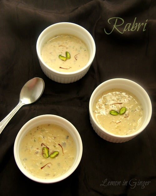 Close-up of creamy Basundi with saffron threads on top