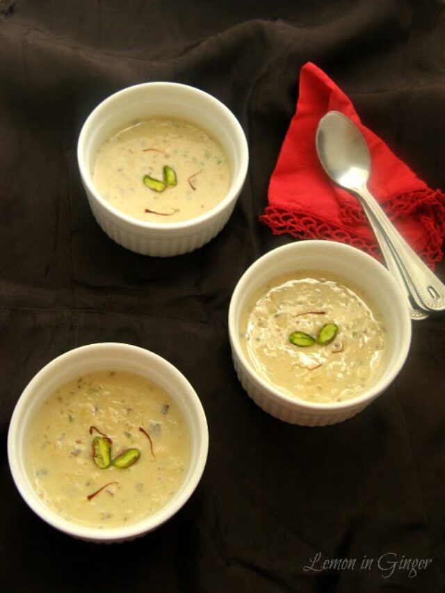 A bowl of chilled Basundi with a sprinkle of cardamom powder