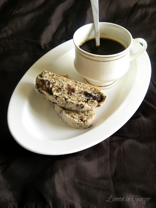 Biscotti cut into perfect slices, showing chocolate and ginger layers