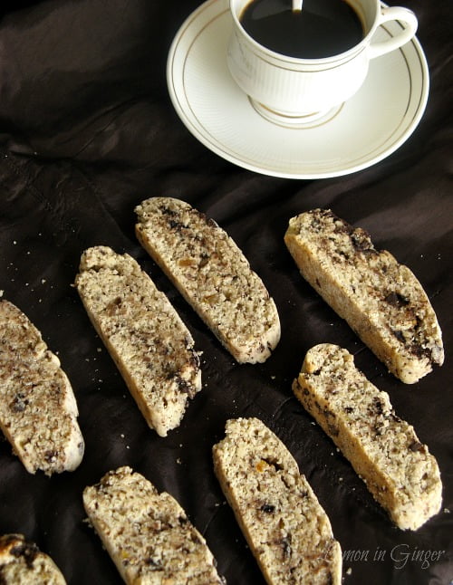 Chocolate biscotti slices showing crispy edges and ginger bits
