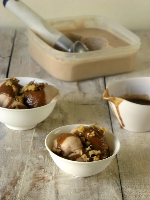 Roasted banana ice cream topped with caramel drizzle