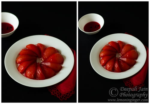 Elegant dessert presentation of spiced white wine poached pears