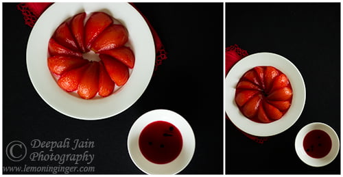 Poached pear halves drizzled with white wine syrup