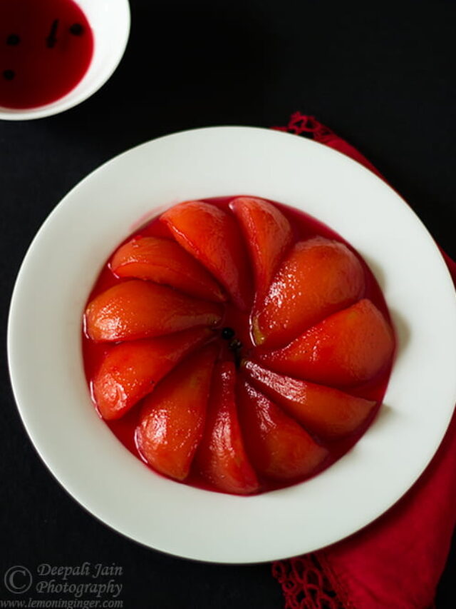 Close-up shot of glossy poached pear texture