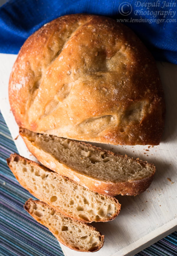 Served no knead bread with butter and jam on the side