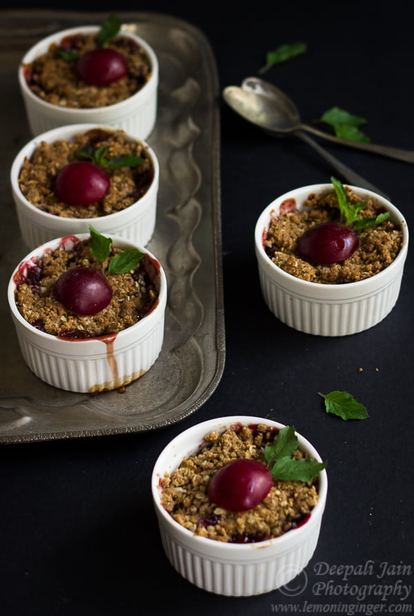 Close-up of golden crispy crumble topping on fruit crisp