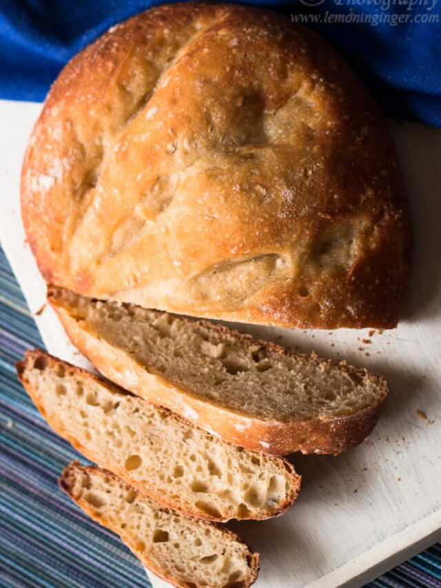 Served no knead bread with butter and jam on the side