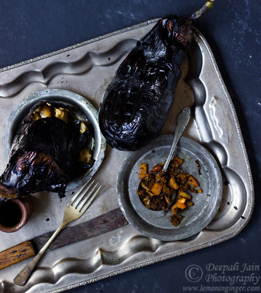 Smoky roasted eggplant flesh separated from the skin