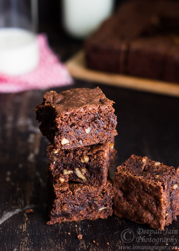 Stack of eggless amaranth brownies served on a plate
