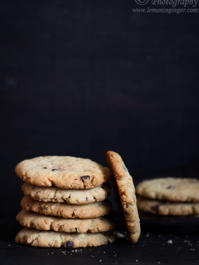 Stack of oatmeal chocolate chip cookies with chocolate chunks visible