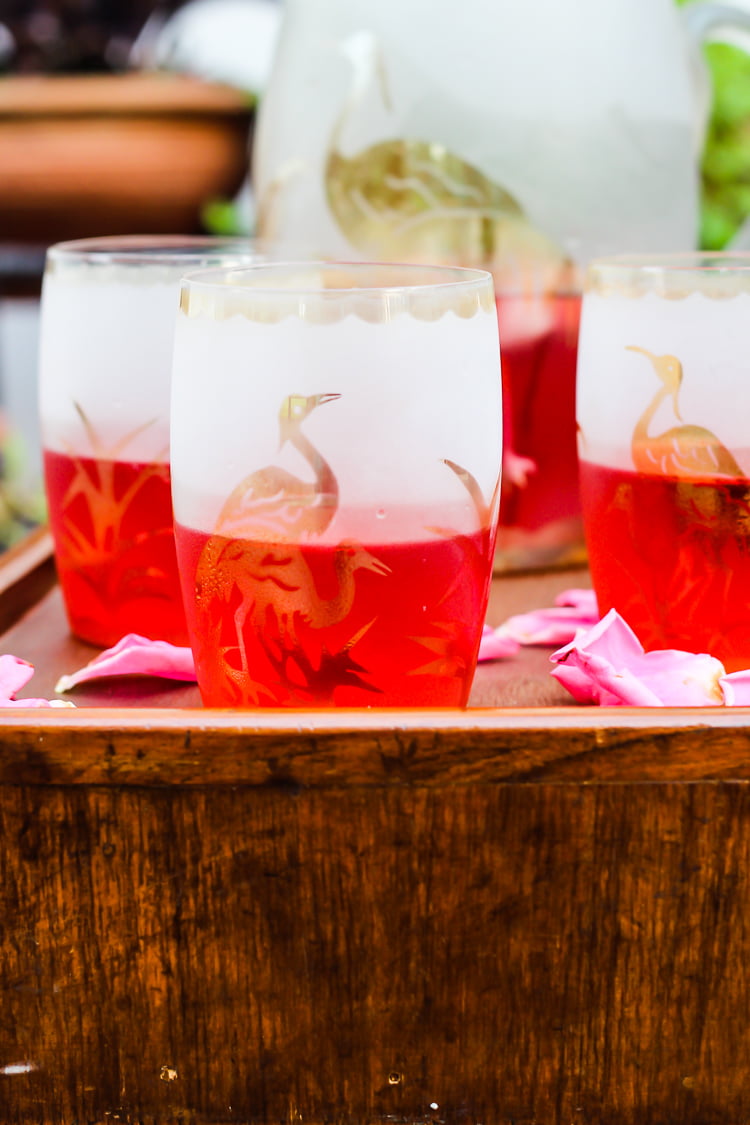 A refreshing glass of homemade Rooh Afza Sharbat garnished with mint leaves and ice cubes