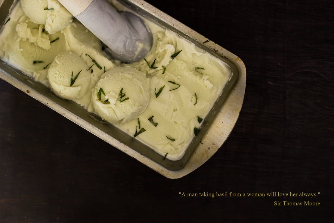 Close-up of basil ice cream being scooped out with an ice cream scooper