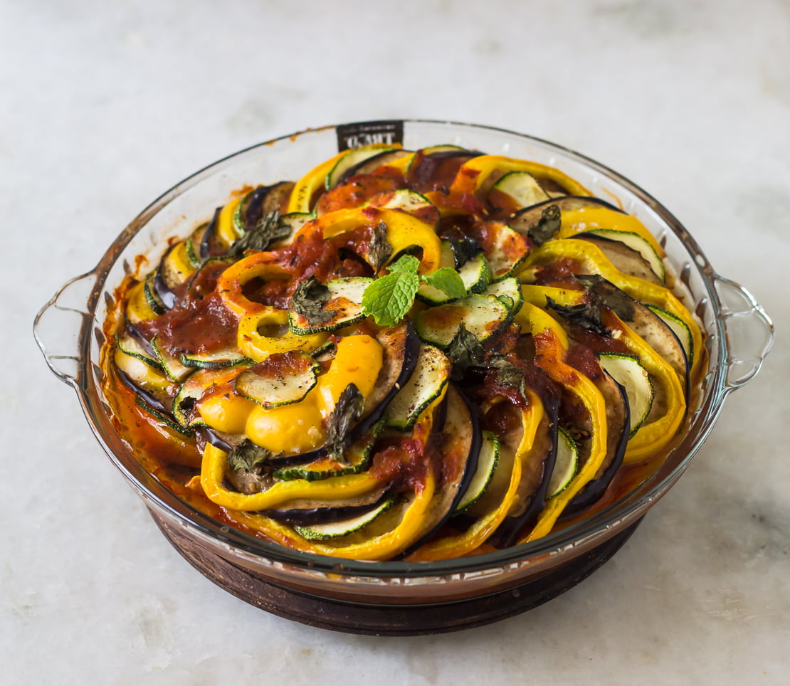 Close-up of Baked Ratatouille showcasing the roasted zucchini, eggplant, and tomatoes