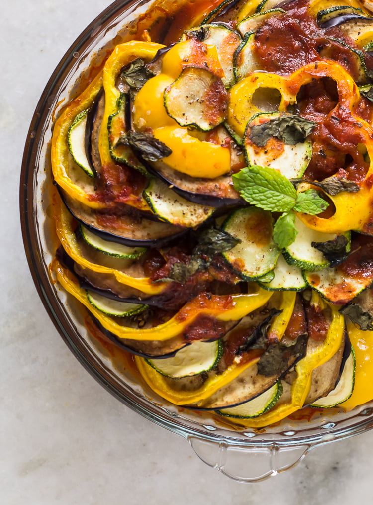 Freshly baked Ratatouille with a crisp, golden crust and tender vegetables