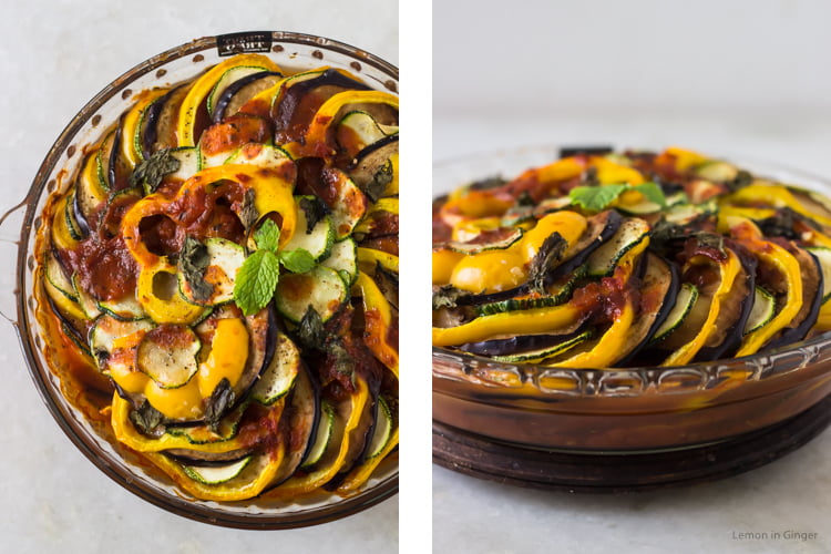 Close-up of Baked Ratatouille showcasing the roasted zucchini, eggplant, and tomatoes