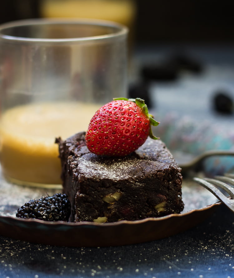 Freshly baked wine-infused strawberry brownies cut into squares