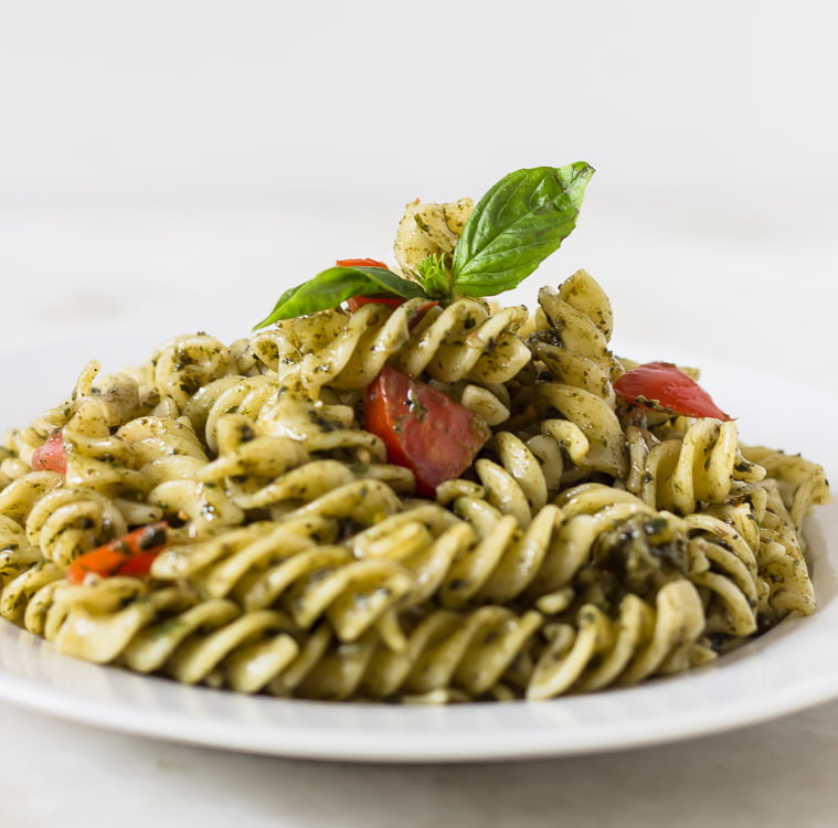 Authentic Sicilian pesto pasta served in a white bowl