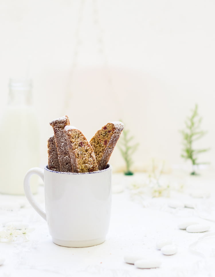 Freshly baked candied ginger cherry biscotti on a wire rack