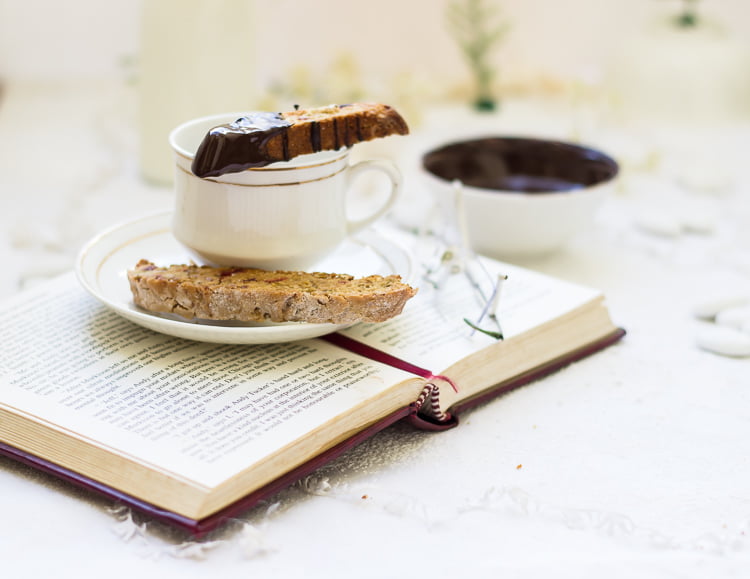 Biscotti dipped in melted dark chocolate for extra indulgence