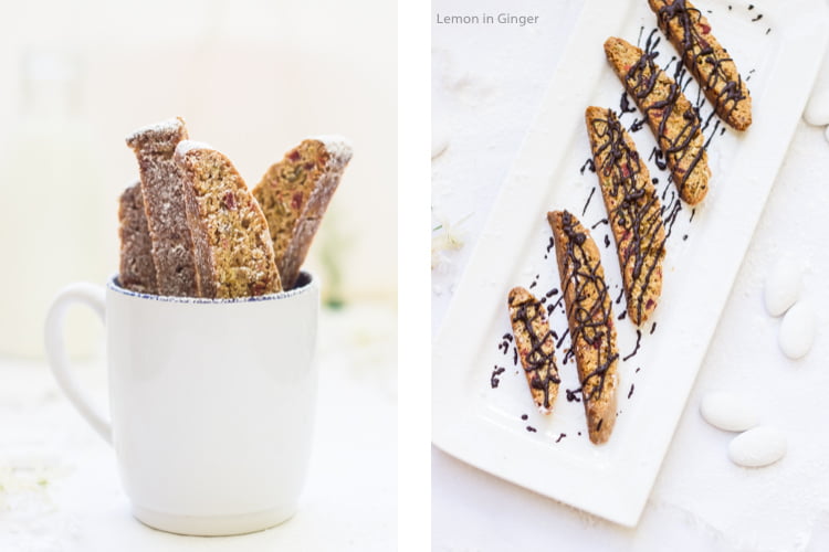 A cookie jar filled with crispy candied ginger cherry biscotti