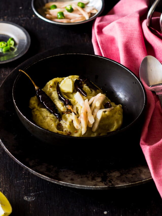 tempting raw banana ki kachri topped with fried red chillies