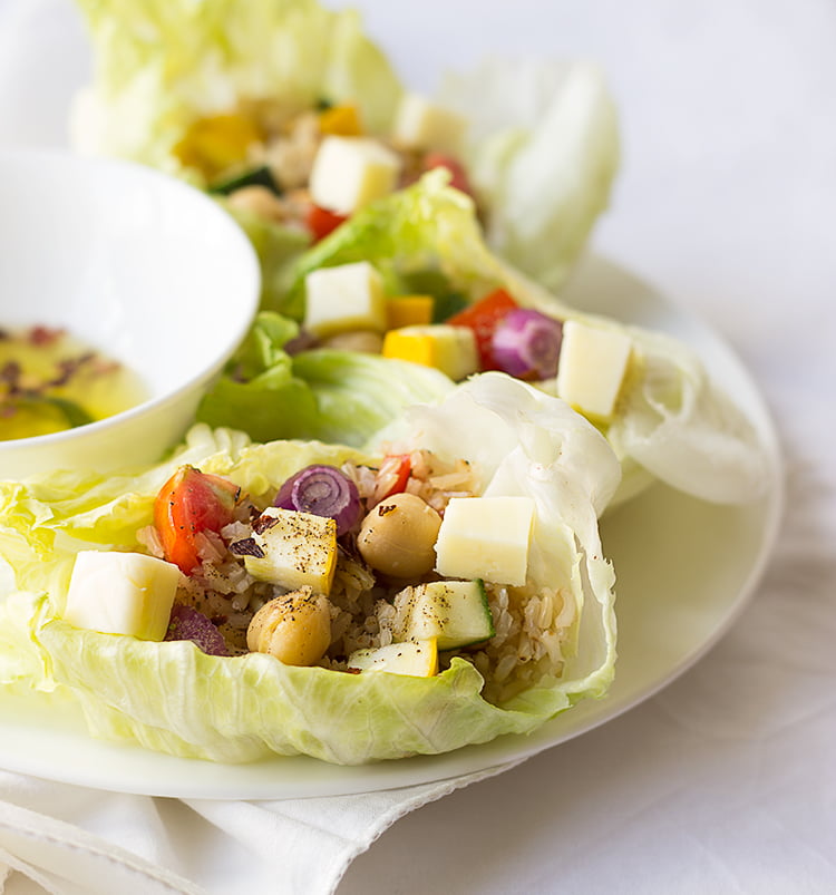 Fresh vegetarian lettuce wraps filled with brown rice and veggies