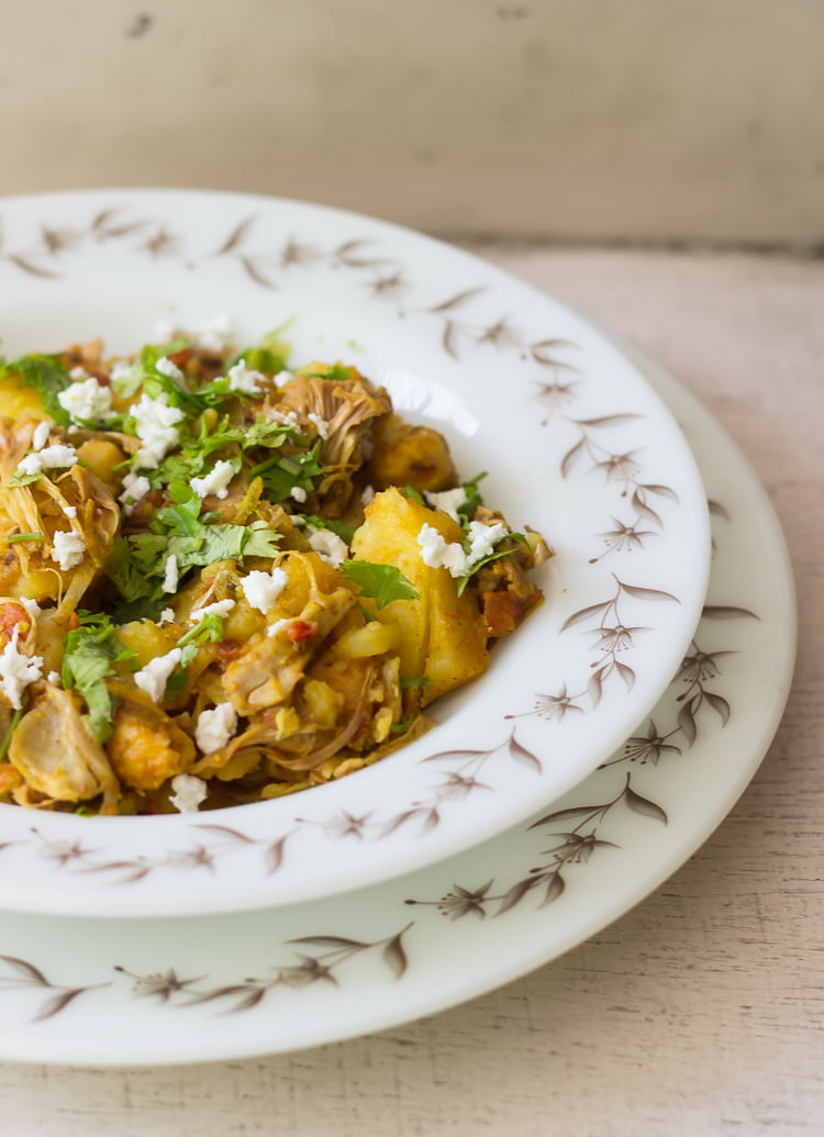 A serving of Kathal (Jackfruit) ki Sabji garnished with fresh coriander leaves
