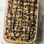 Side view of mocha tres leches cake showing layers