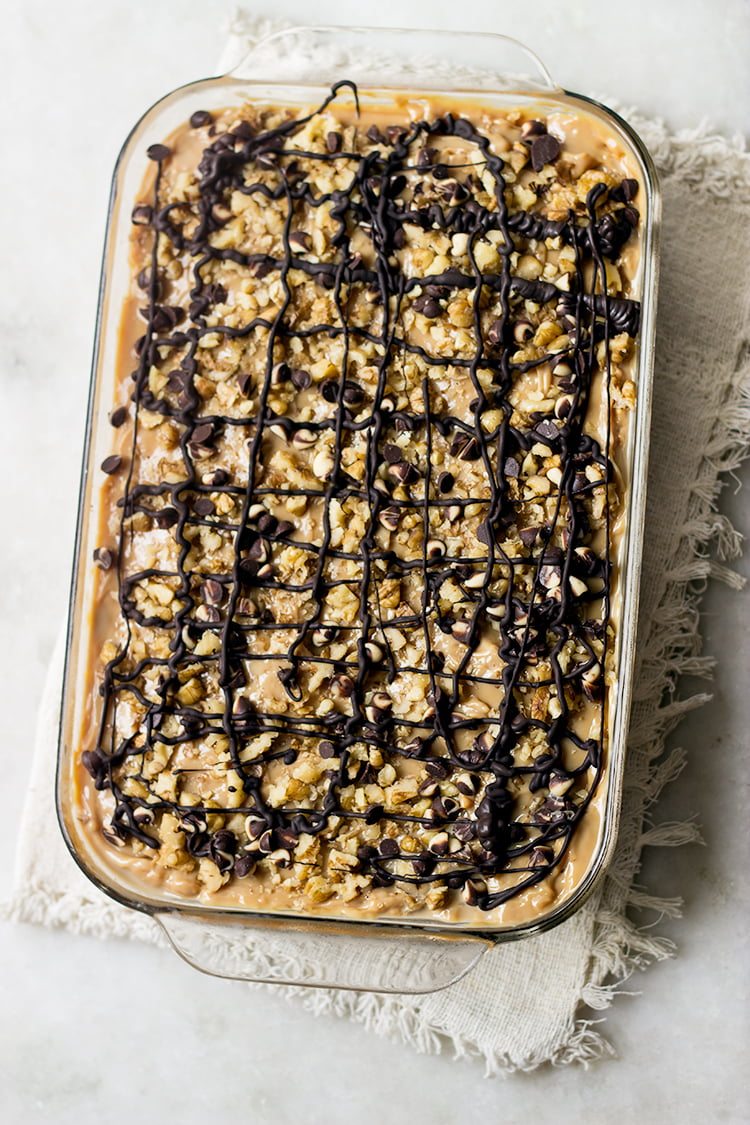 Side view of mocha tres leches cake showing layers