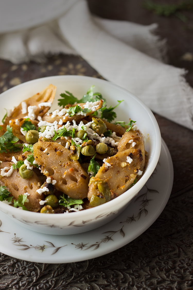 Kamal Kakdi Ki Sabji served in a bowl, highlighting the tender lotus stem pieces and aromatic spices