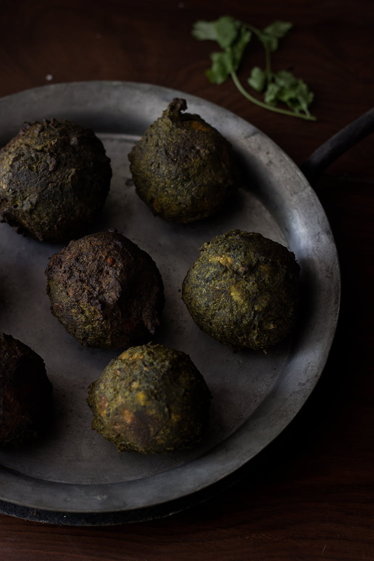 Close-up of palak paneer koftas