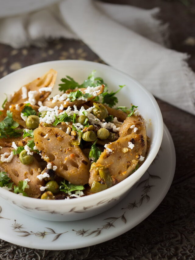 Kamal Kakdi Ki Sabji served in a bowl, highlighting the tender lotus stem pieces and aromatic spices